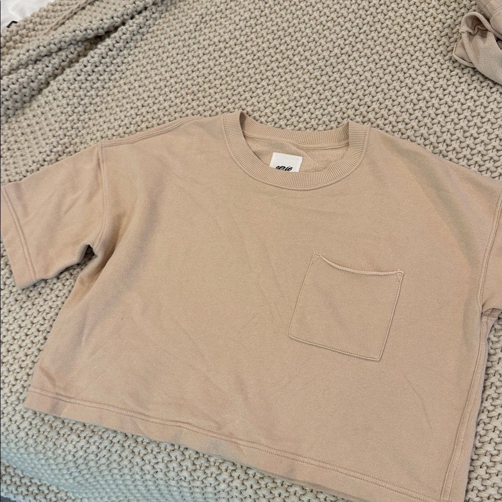 Aerie Cream Sweater Short Sleeve Cropped top, small